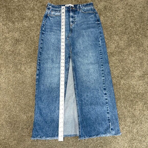Zara Maxi Denim Skirt Womens XS Y2K Jean Blue Front Slit Streetwear Frayed 90s - Picture 8 of 14